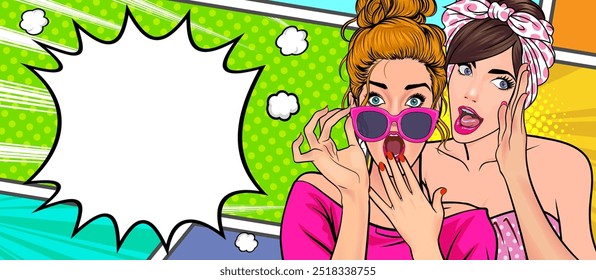 Mulher sussurrando fofoca ou segredo para sua amiga surpresa Em estilo de quadrinhos pop art vintage