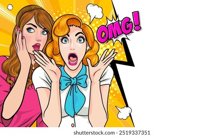 Woman whispering gossip or secret to her friend surprise In Retro Vintage Pop Art Comic Style