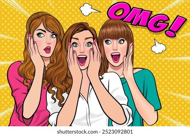 Woman whispering gossip or secret to her friend surprise In Retro Vintage Pop Art Comic Style