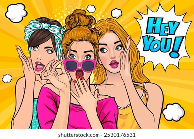 Woman whispering gossip or secret to her friend surprise In Retro Vintage Pop Art Comic Style