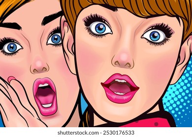 Woman whispering gossip or secret to her friend surprise In Retro Vintage Pop Art Comic Style