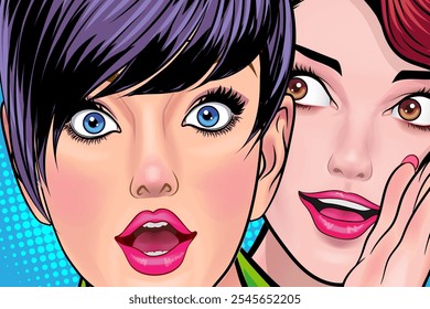 Woman whispering gossip or secret to her friend surprise In Retro Vintage Pop Art Comic Style