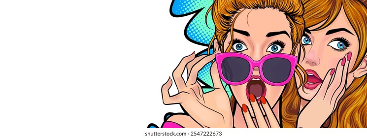 Mulher sussurrando fofoca ou segredo para sua amiga surpresa Em estilo de quadrinhos pop art vintage