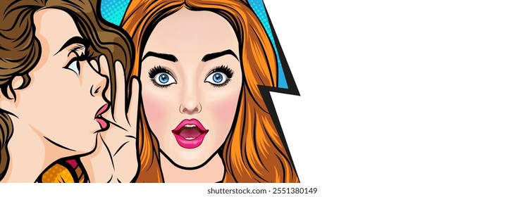 Mulher sussurrando fofoca ou segredo para sua amiga surpresa Em estilo de quadrinhos pop art vintage