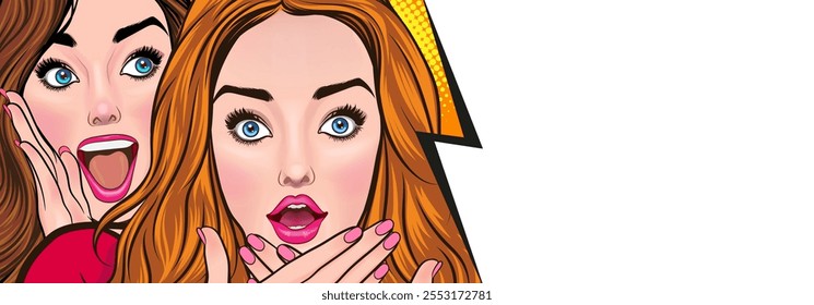 Mulher sussurrando fofoca ou segredo para sua amiga surpresa Em estilo de quadrinhos pop art vintage