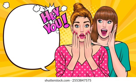 Woman whispering gossip or secret to her friend surprise In Retro Vintage Pop Art Comic Style