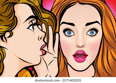 Woman whispering gossip or secret to her friend surprise In Retro Vintage Pop Art Comic Style