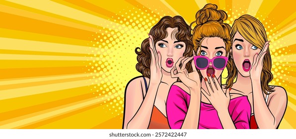 Woman whispering gossip or secret to her friend surprise In Retro Vintage Pop Art Comic Style