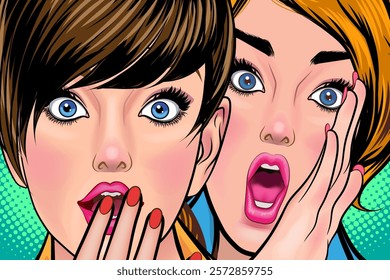 Woman whispering gossip or secret to her friend surprise In Retro Vintage Pop Art Comic Style