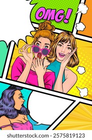 Woman whispering gossip or secret to her friend surprise In Retro Vintage Pop Art Comic Style