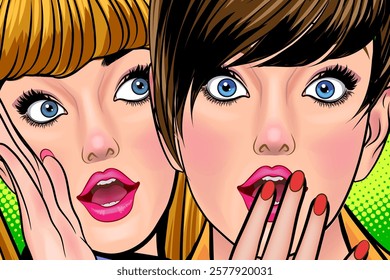 Woman whispering gossip or secret to her friend surprise In Retro Vintage Pop Art Comic Style