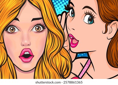 Woman whispering gossip or secret to her friend surprise In Retro Vintage Pop Art Comic Style