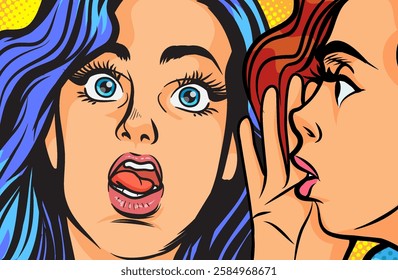 Woman whispering gossip or secret to her friend surprise In Retro Vintage Pop Art Comic Style