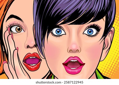 Woman whispering gossip or secret to her friend surprise In Retro Vintage Pop Art Comic Style