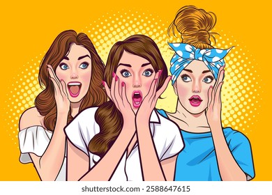 Woman whispering gossip or secret to her friend surprise In Retro Vintage Pop Art Comic Style