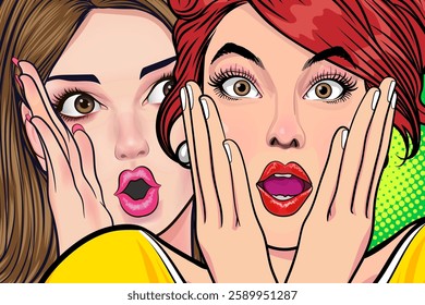 Woman whispering gossip or secret to her friend surprise In Retro Vintage Pop Art Comic Style