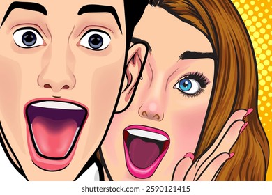 Woman whispering gossip or secret to her friend surprise In Retro Vintage Pop Art Comic Style