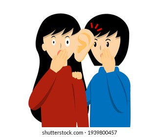 Woman whispering gossip, secret, rumor or shock news to her friend who enthusiastic listening with surprised face cartoon vector