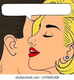 Woman Whispering To Man In Ear. Pop Art Vintage Vector Illustration