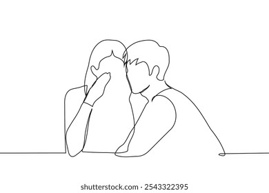woman whispering in man's ear covering her hand - one line art vector. concept sitting couple whispering