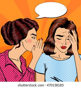 Woman Whispering Secret to her Crying Friend. Pop Art. Vector illustration