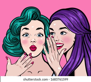 Woman whispering secret to her friend illustration in pop art retro comic style. Women gossip concept.