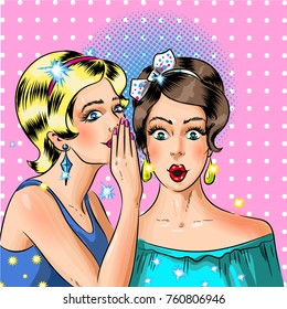 Woman whispering secret to her friend vector illustration in pop art retro comic style. Women gossip concept.