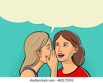 Woman whispering a secret into the ear of her girlfriend. Vector color flat illustration isolated on cyan background