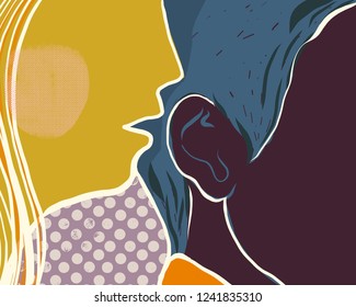 Woman whispering a secret or reporting message to man. Hand drawn vector colorful illustration in abstract style.