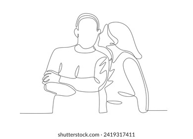 A woman is whispering something to her boyfriend. Gossip one-line drawning