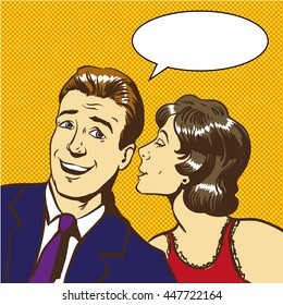 Woman whispering something to man. Pop art comic style stock vector