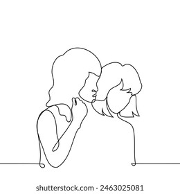 woman whispers in another's ear standing behind her - one line art vector. concept off female friends gossiping, lesbian couple flirting and seducing. Handmade vector not AI