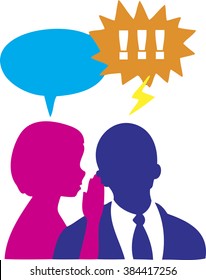 woman whispers into businessman's ear