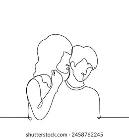 woman whispers in man ear standing behind him - one line art vector. concept of friends gossiping, couple flirting and seducing. Hand made vector not AI