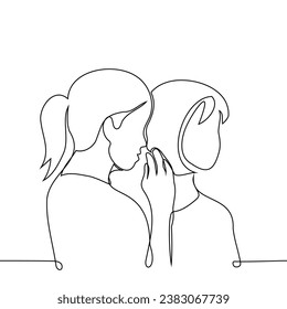 woman whispers something in a another's woman ear, hiding behind her palm - one line art vector. concept whisper, keep secrets