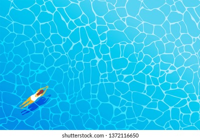 Woman in white bathing suit swim in the blue sea or pool, view from above. Flat vector illustration. Minimalism.