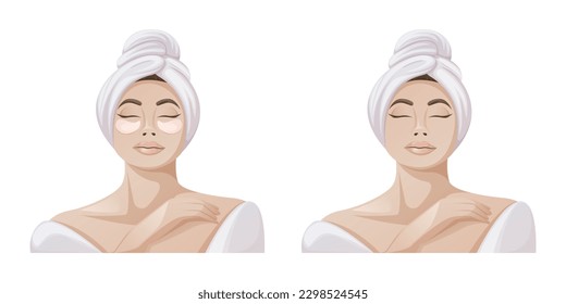 Woman in white bathrobe and towel.The concept of spa, relaxation, face and body skin care. Eye patches. Health and beauty. Trendy vector illustration