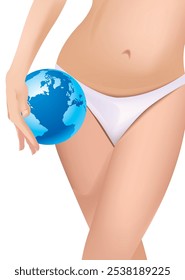 Woman in white bikini holding small globe, promoting travel, environmental awareness, and global interconnectedness