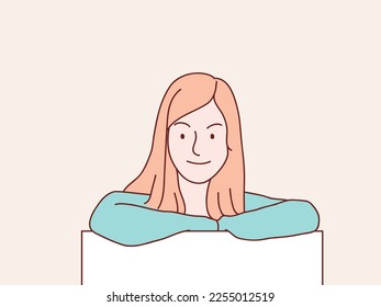 Woman with white blank banner paper below simple korean style illustration