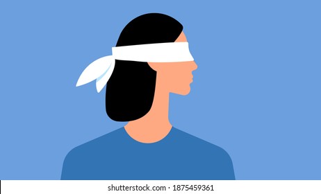 Mujer con venda blanca. Silhouette de una mujer con los ojos vendados. Un símbolo de ignorancia, incredulidad y desconfianza. Ilustración vectorial en estilo plano moderno.