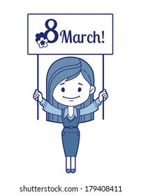 Woman with white board. She congratulates you on March 8