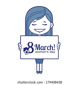 Woman with white board. She congratulates you on March 8