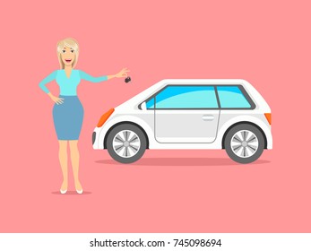 A woman and a white car. A woman buys or sells a car. Vector.