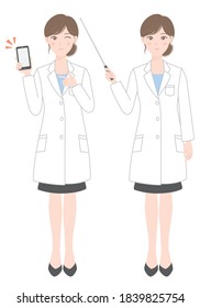 A woman in a white coat (a person who has a smartphone) (a person who explains with a pointer)