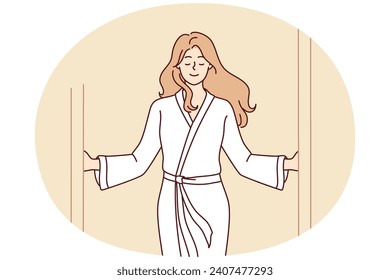 Woman in white coat comes out of shower with satisfied expression feels relieved and gratification. Girl in bathrobe while visiting SPA center looks forward to pleasant procedures. Flat vector image