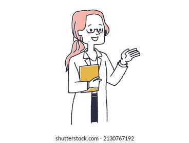 Una mujer con un abrigo blanco explicando, una ilustración cómica de una persona manuscrita, un simple colorido en un dibujo de una línea vectorial, un fondo blanco