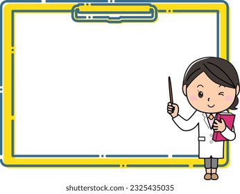 A woman in a white coat explaining with a pointing stick in front of a large clipboard frame