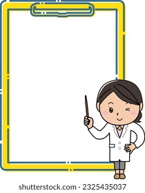 A woman in a white coat explaining with a pointing stick in front of a large clipboard frame