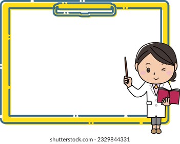 A woman in a white coat explaining with a pointing stick in front of a large clipboard frame