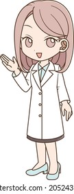 A woman in a white coat holding out her hand